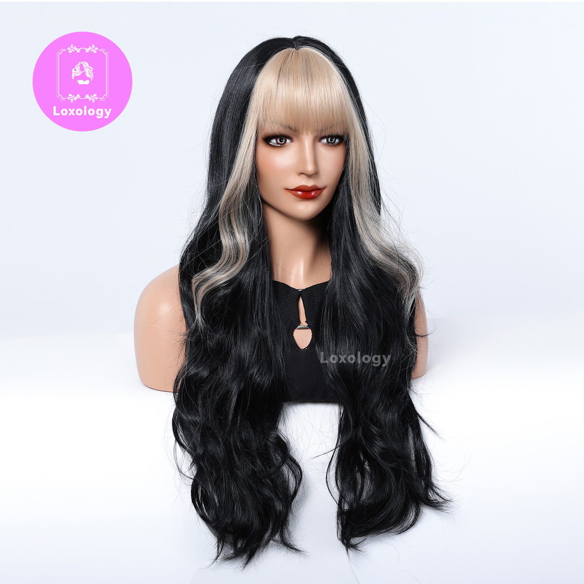 【Eulalia】Loxology | 28 Inch Long Curly Black Wigs with Blonde Bangs Synthetic Wigs
