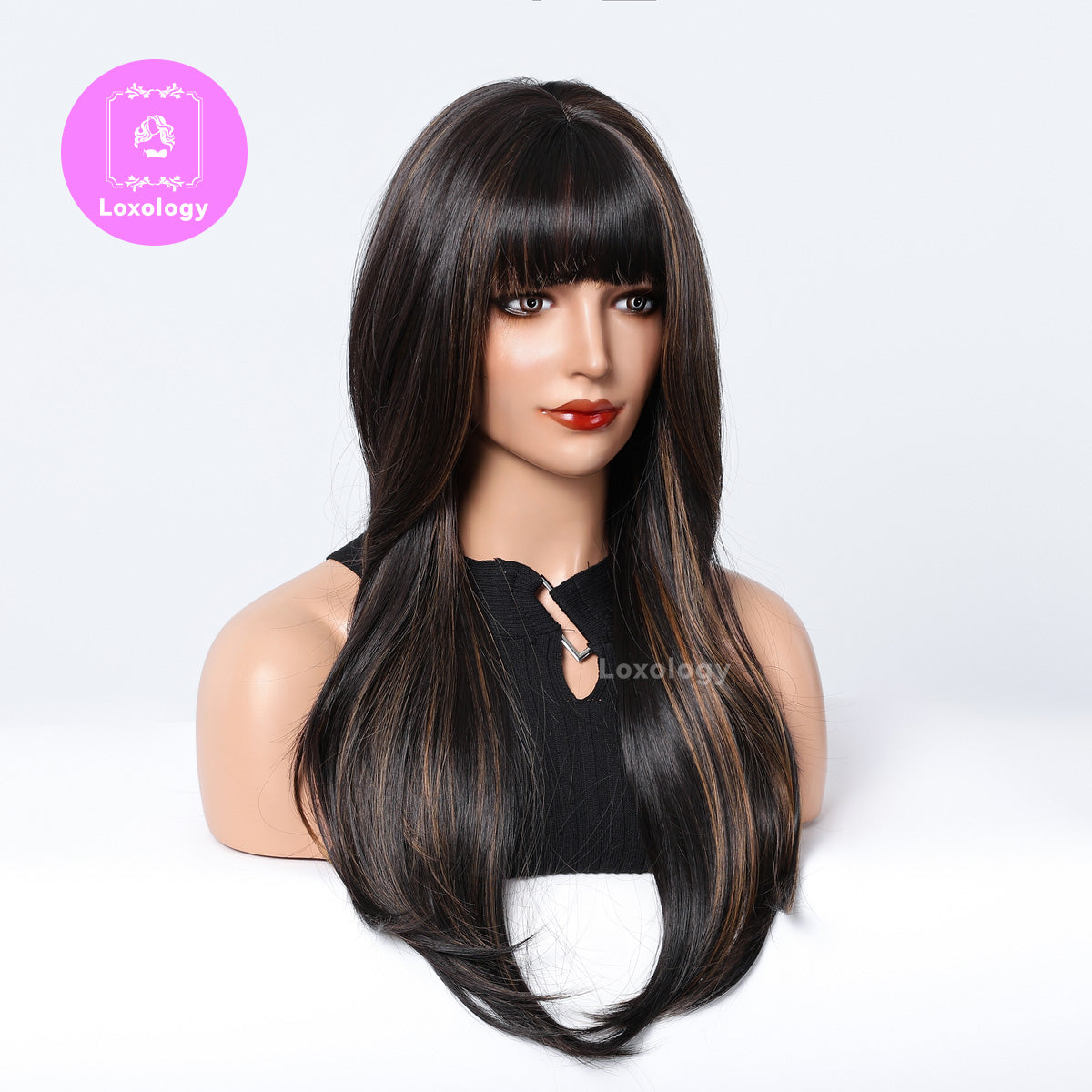 【Eleanor】Loxology | 26 Inches Long Straight Black Wigs with Bangs and Blonde Highlight Layered Wigs