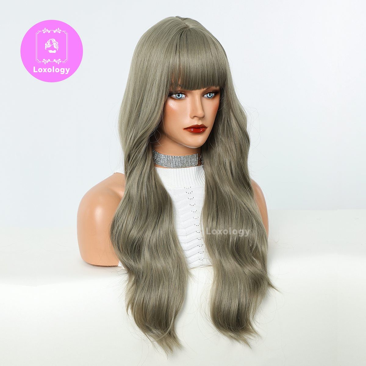 【Penelope】Loxology | Long Curly Green Wigs with Bangs Synthetic Wigs