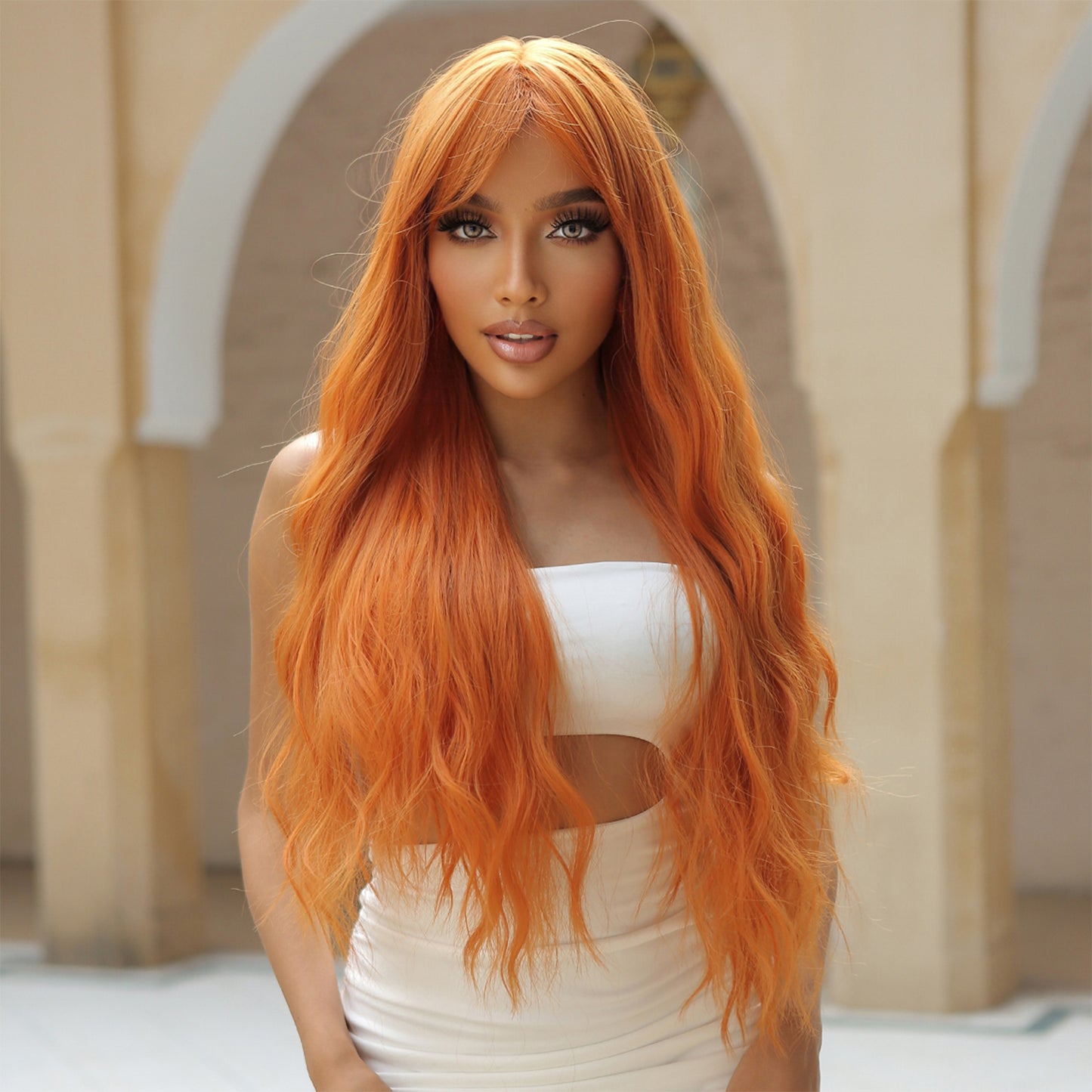 【Katya】Loxology | 26 Inch orange curly wigs with bangs wigs for Women for Daily Life