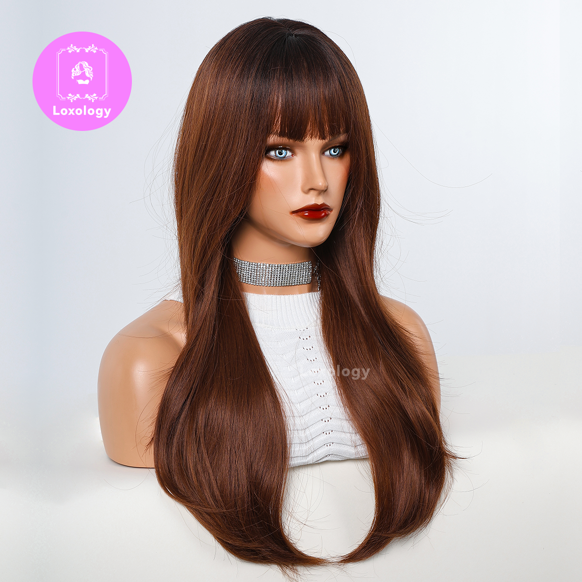 【Brielle】Loxology | 24 Inches Long Curly Brown Wigs with Bangs Synthetic Wigs