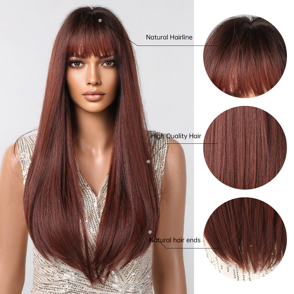 【Morwenna】Loxology | 28 inch Long straight wigs black ombre wine red Wigs with bangs wigs