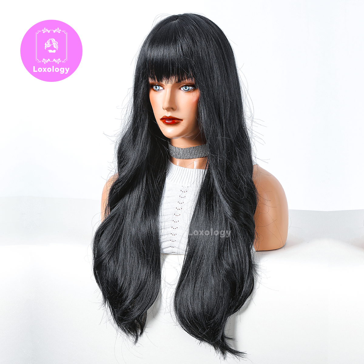 【Maya】Loxology | 30 Inch long curly wigs black with bangs wigs