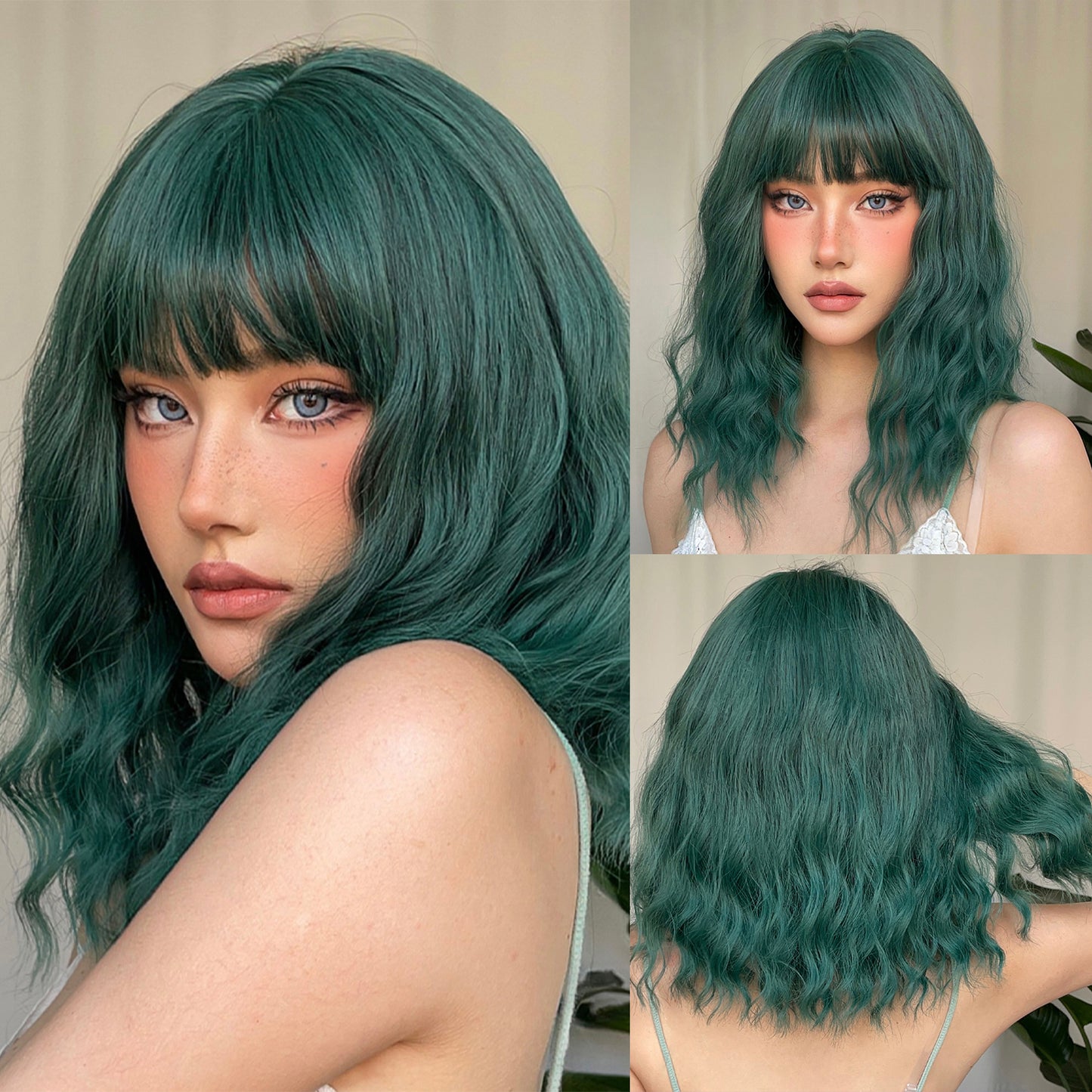 【Cleo】Loxology | 16 Inches Long Curly Green Wigs with Bangs Synthetic Wig Women Wig