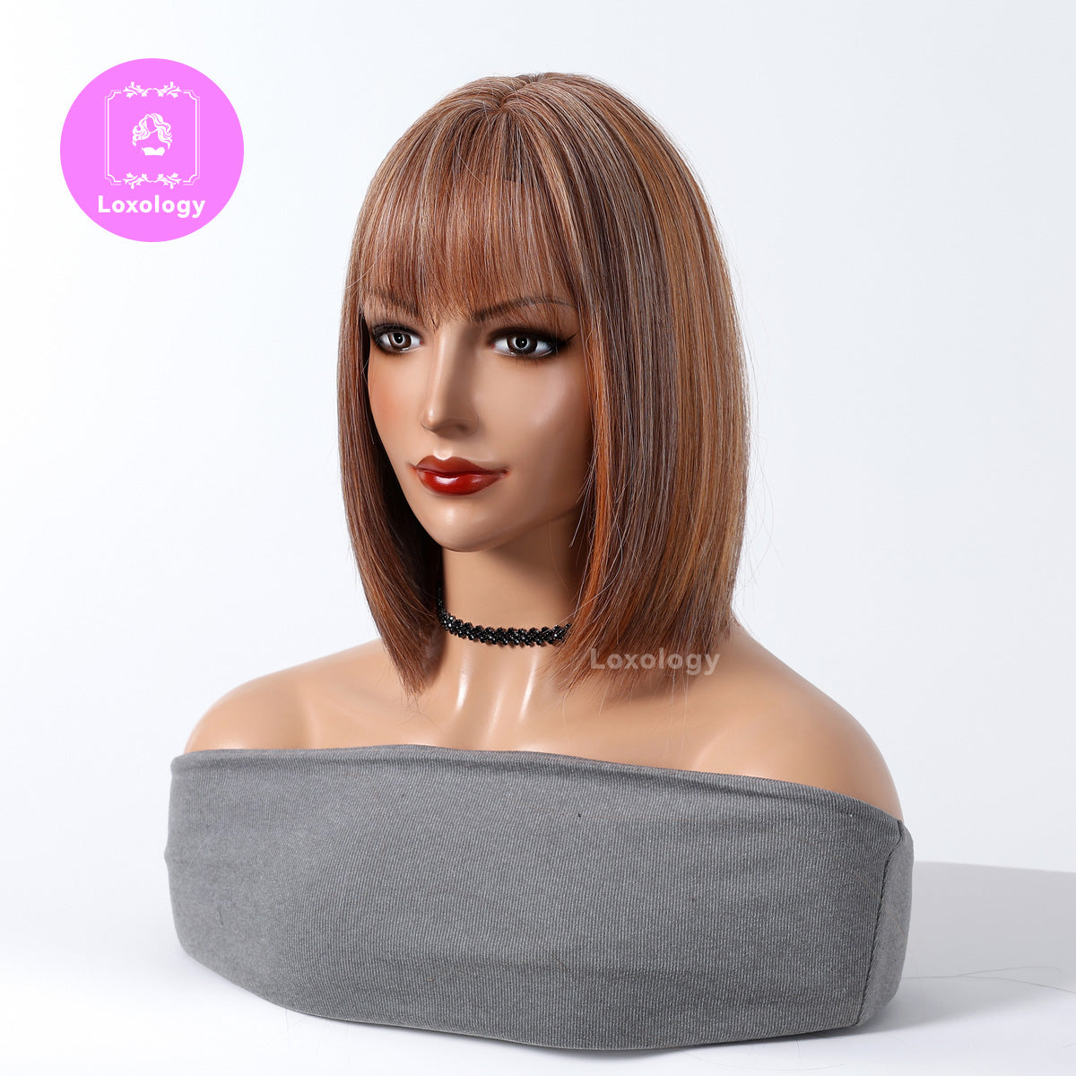 【Ember】Loxology | 14 Inch Straight Brown and Blonde mixed with Bangs Synthetic Wigs