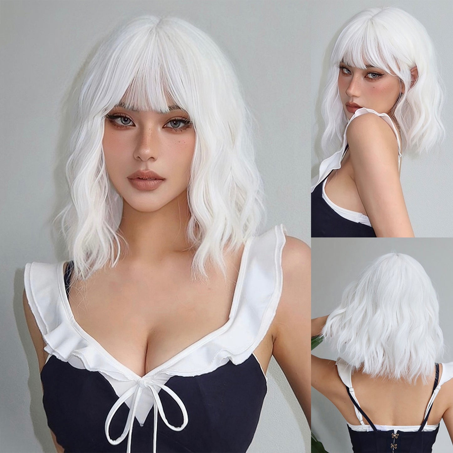 【Zenobia】Loxology | 16 Inches Long Curly White Wigs with Bangs Synthetic Women Wigs