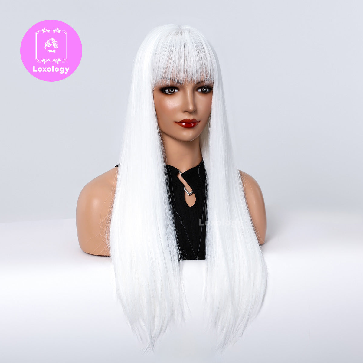 【Gemma】Loxology | 26 Inch Long Straight White Wigs with Bangs Synthetic Women Wig