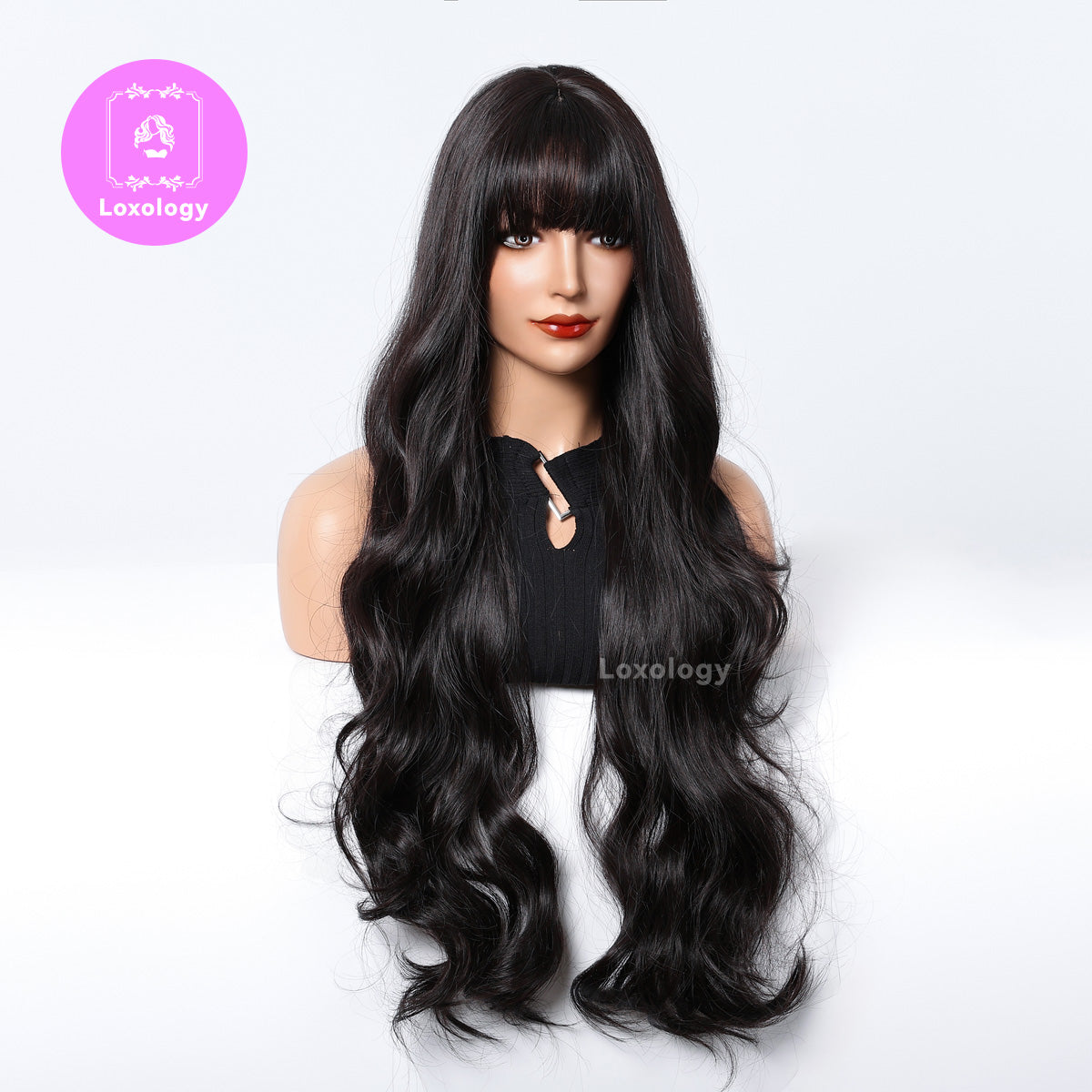 【Marlowe】Loxology | 32 Inches Long Curly Black Wigs with Bangs Synthetic Women's Wig