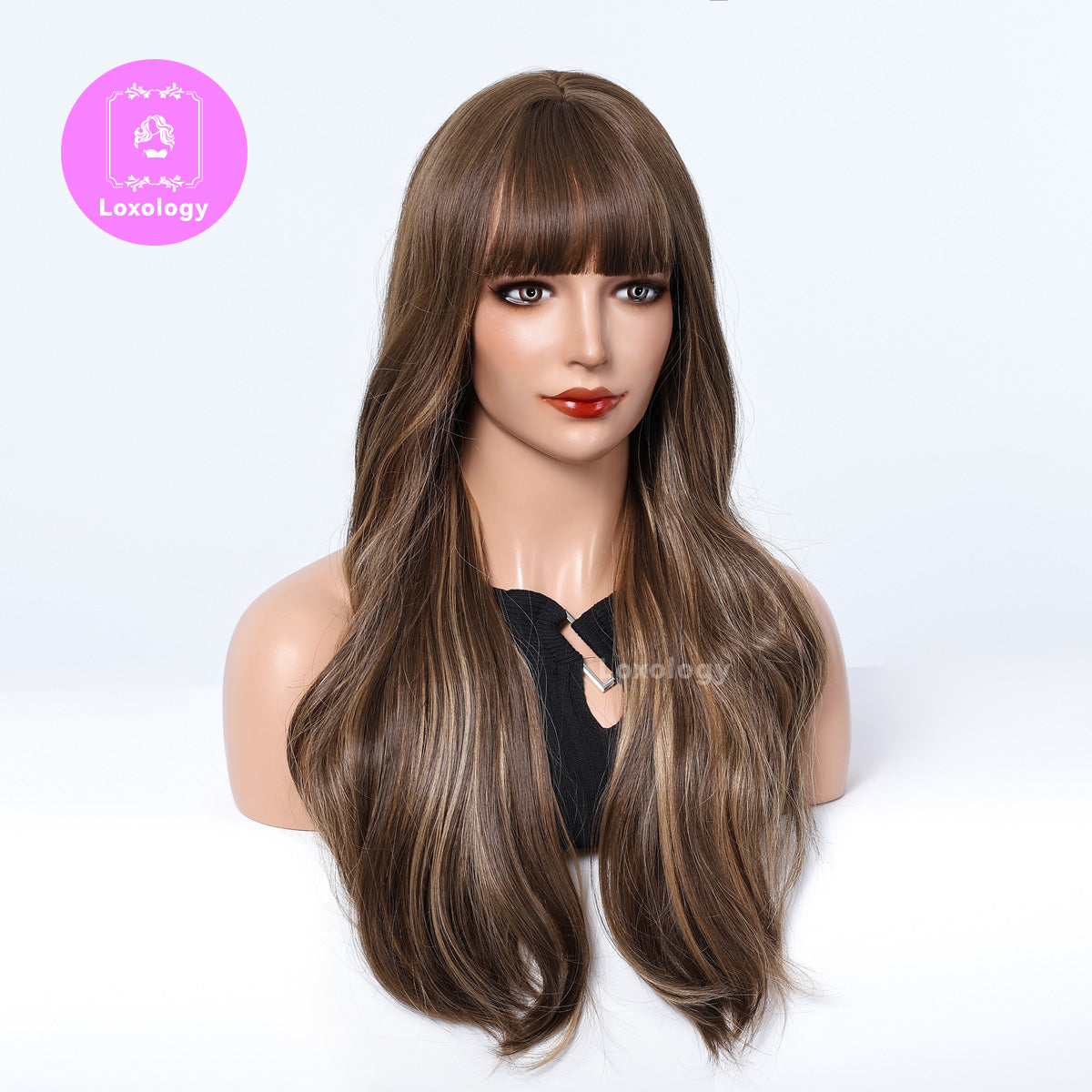 【Faye】Loxology | 24 Inch Curly Brown Wigs with Bangs and Blonde Highlight Synthetic Wig