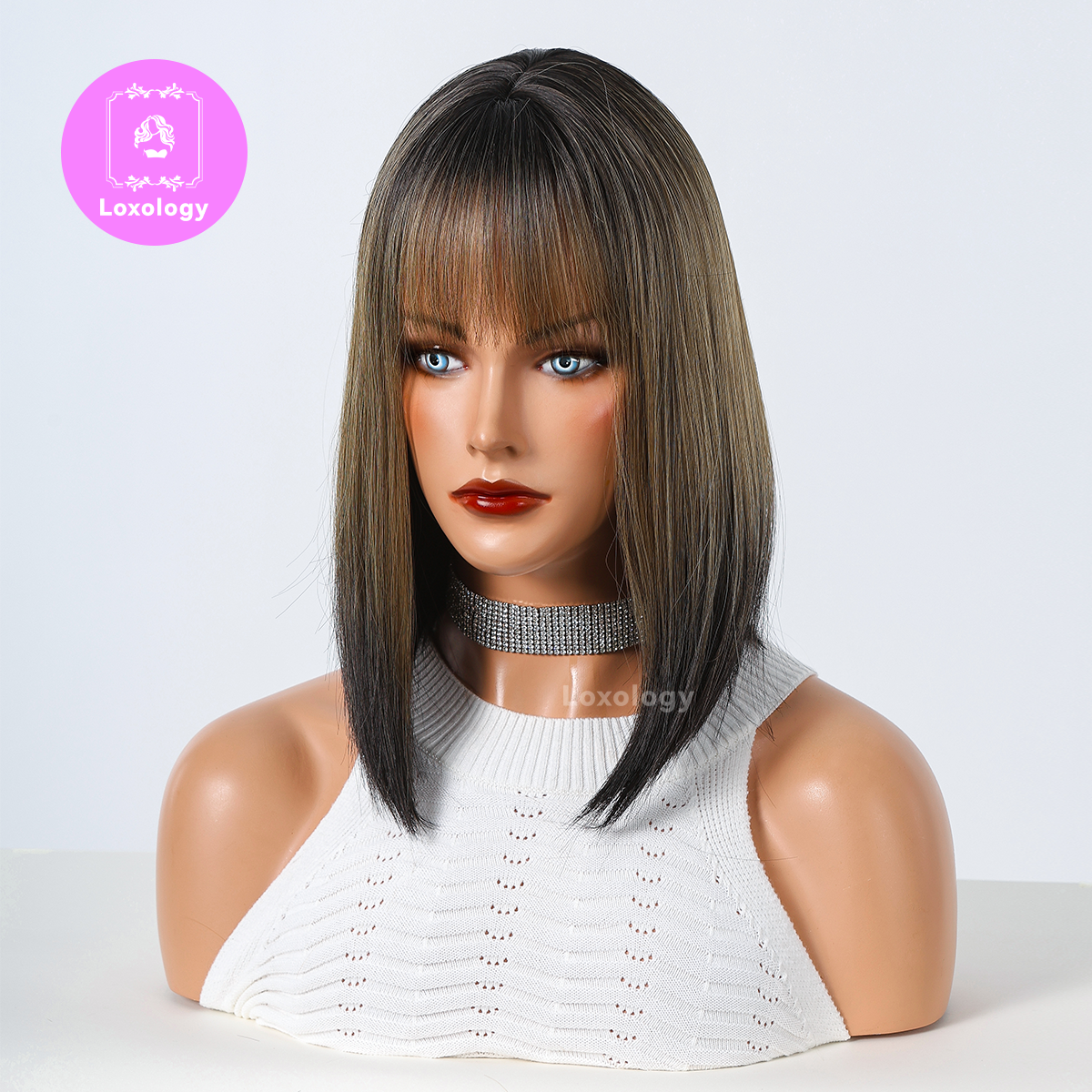 【Oona】Loxology | 14 Inches Long Straight Blonde Ombre Black Wigs Bangs Synthetic Wigs Women's Wigs for Daily