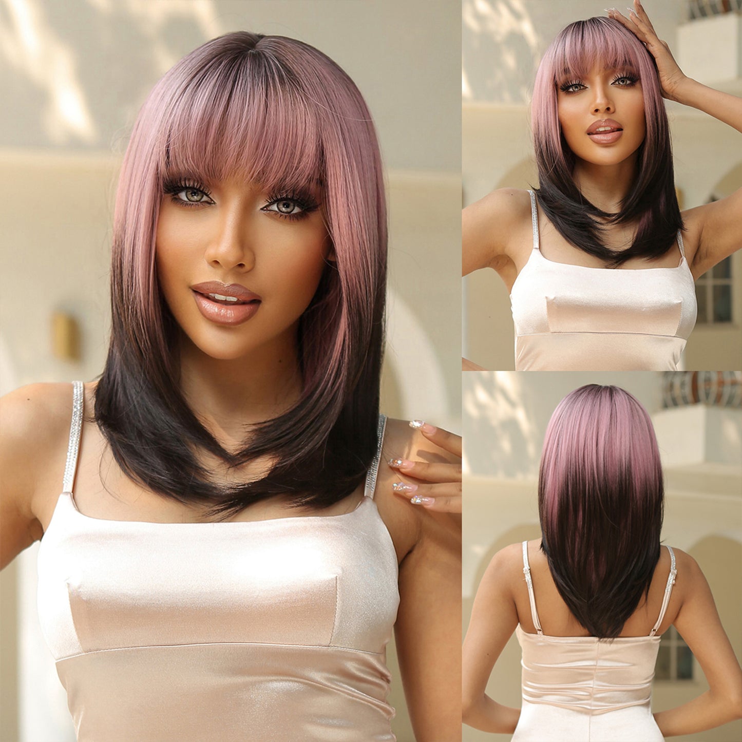 【Esme】Loxology | 20 Inches Straight Pink Gradient Black Wigs with Bangs Synthetic Wig