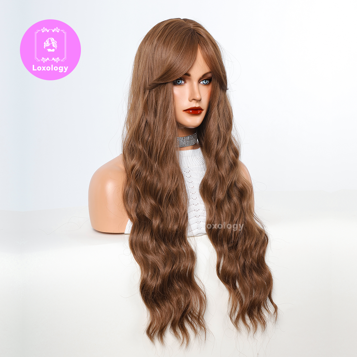 【Luna】Loxology | 28 Inch long curly Wigs brown with bangs wigs