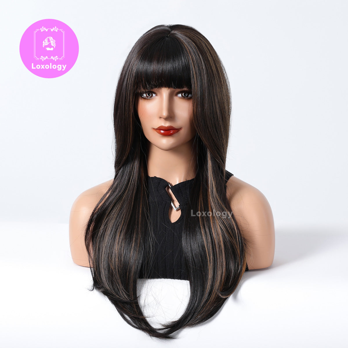 【Eleanor】Loxology | 26 Inches Long Straight Black Wigs with Bangs and Blonde Highlight Layered Wigs