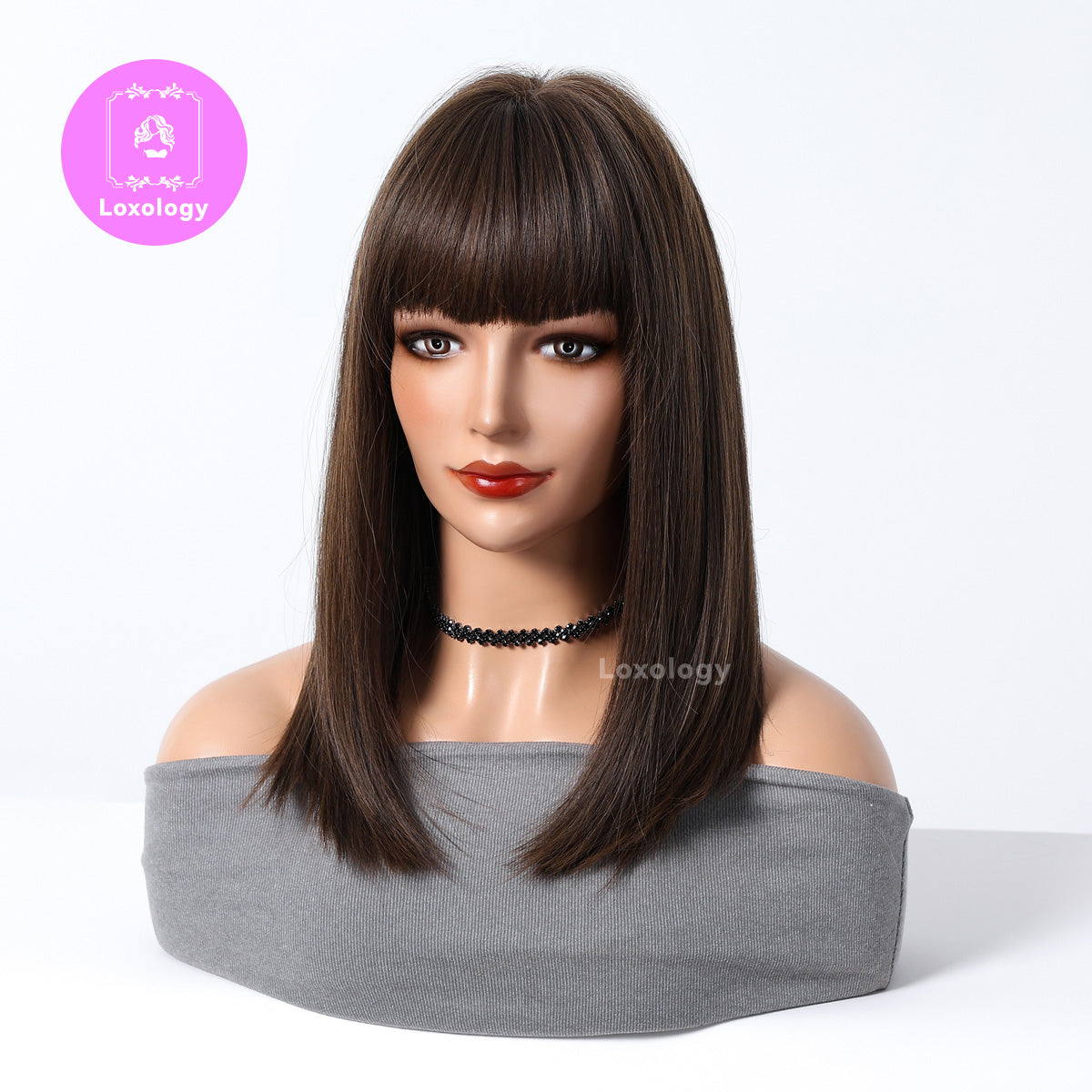 【Nia】Loxology | 16 Inches Long Straight Brown Black Wigs with Bangs Synthetic Wigs