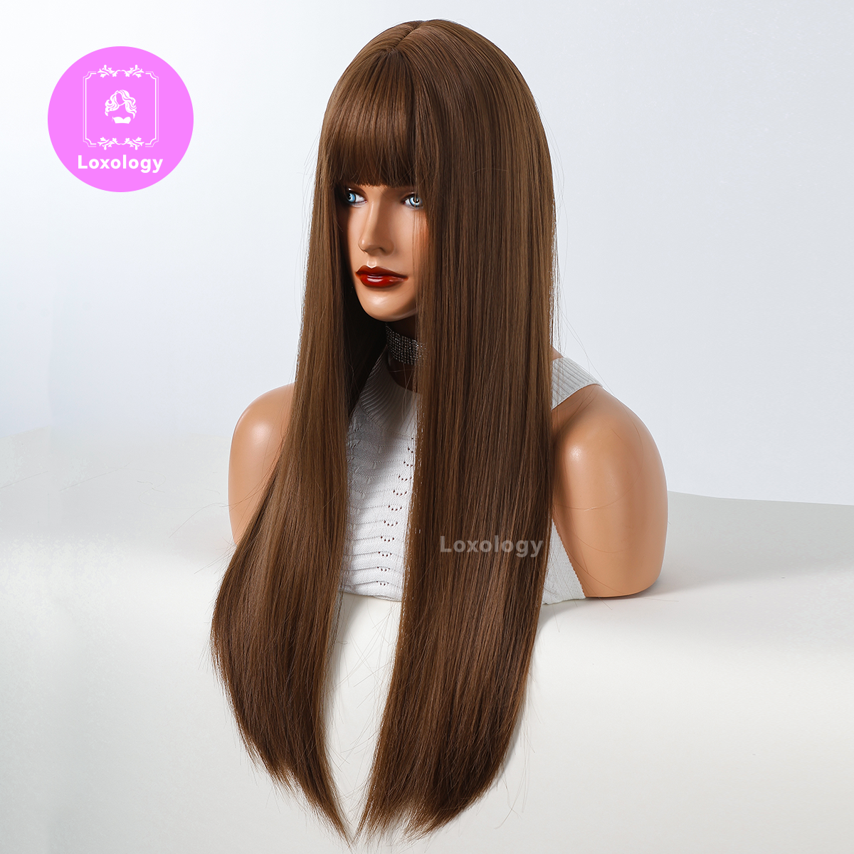 【TAria】Loxology | 26 Inch long straight wigs light brown with bangs wigs