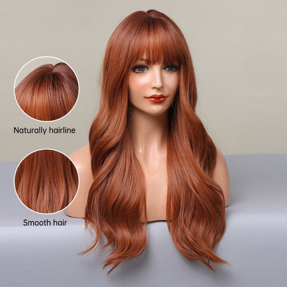 【Gwyneth】Loxology | 22 Inches Long Curly Brown Wigs with Bangs Synthetic Wigs Women's Wigs for Daily Use