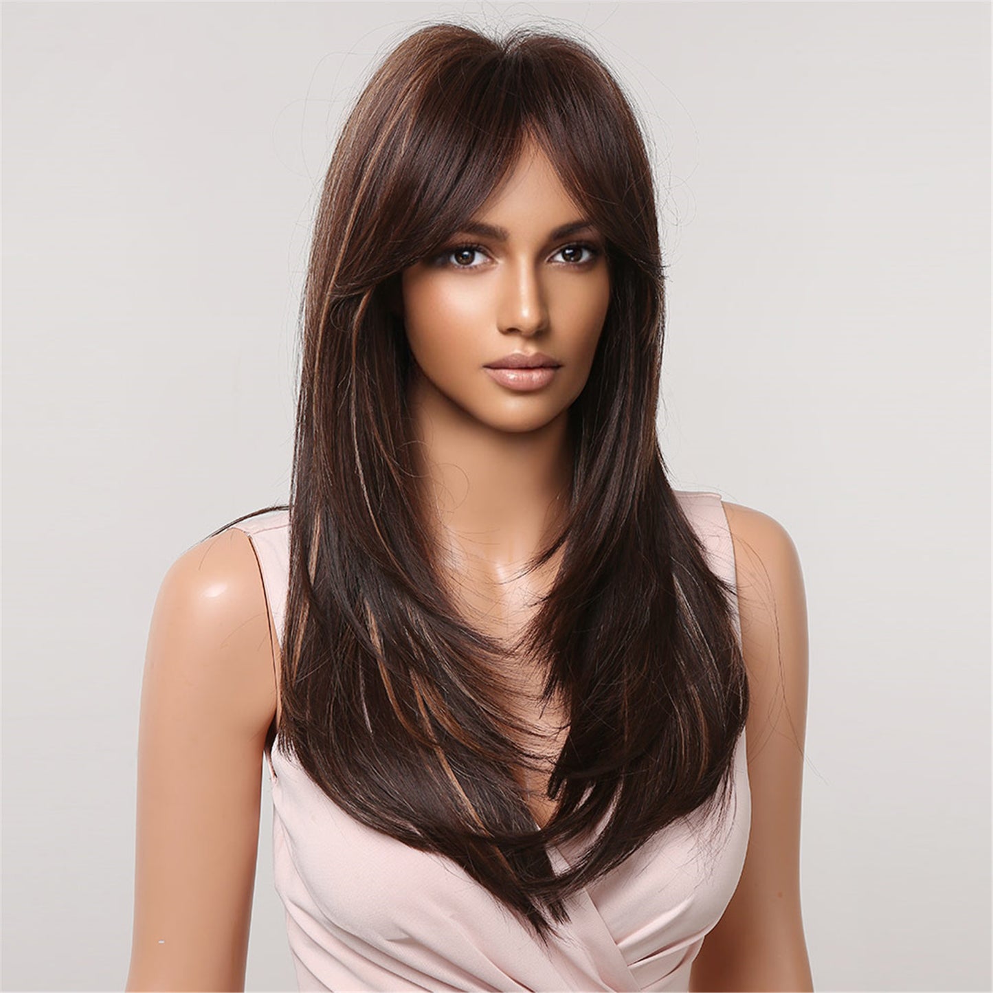 【Nolwenn】Loxology |  24 Inch-long deep brown straight wigs with bangs wigs for women