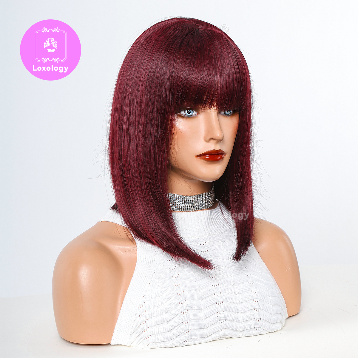 【Taylor】Loxology | 14 Inches Long Straight Wine Red Wigs Bangs Synthetic Wigs