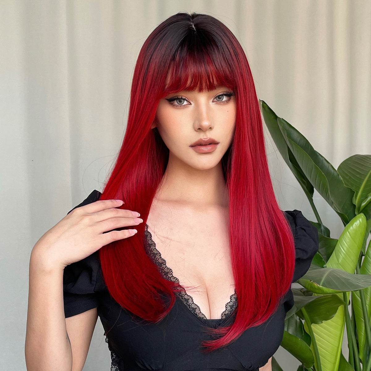 【Persephone】Loxology | 22 Inch red Long straight wigs with bangs wigs for Daily