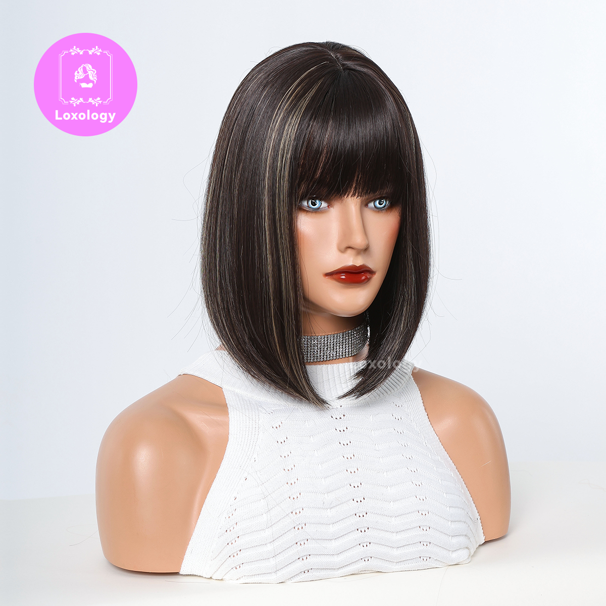 【Remy】Loxology | 14 Inches Blonde black Short Straight and Blonde Highlight Bobo Wigs with Bangs Synthetic Wigs