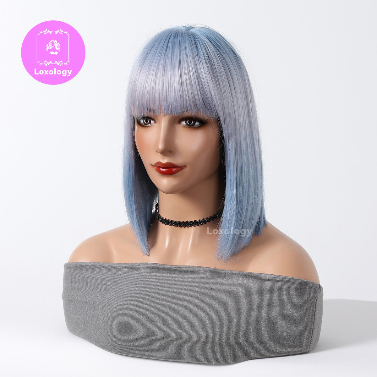 【Calista】Loxology | 14 Inch Long White Wigs with Light Blue Roots and Tail Synthetic Wigs