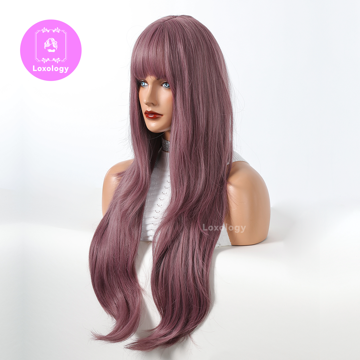 【Dahlia】Loxology | 28 Inch Long Wavy Curly Purple Wigs with Bangs Synthetic Wigs