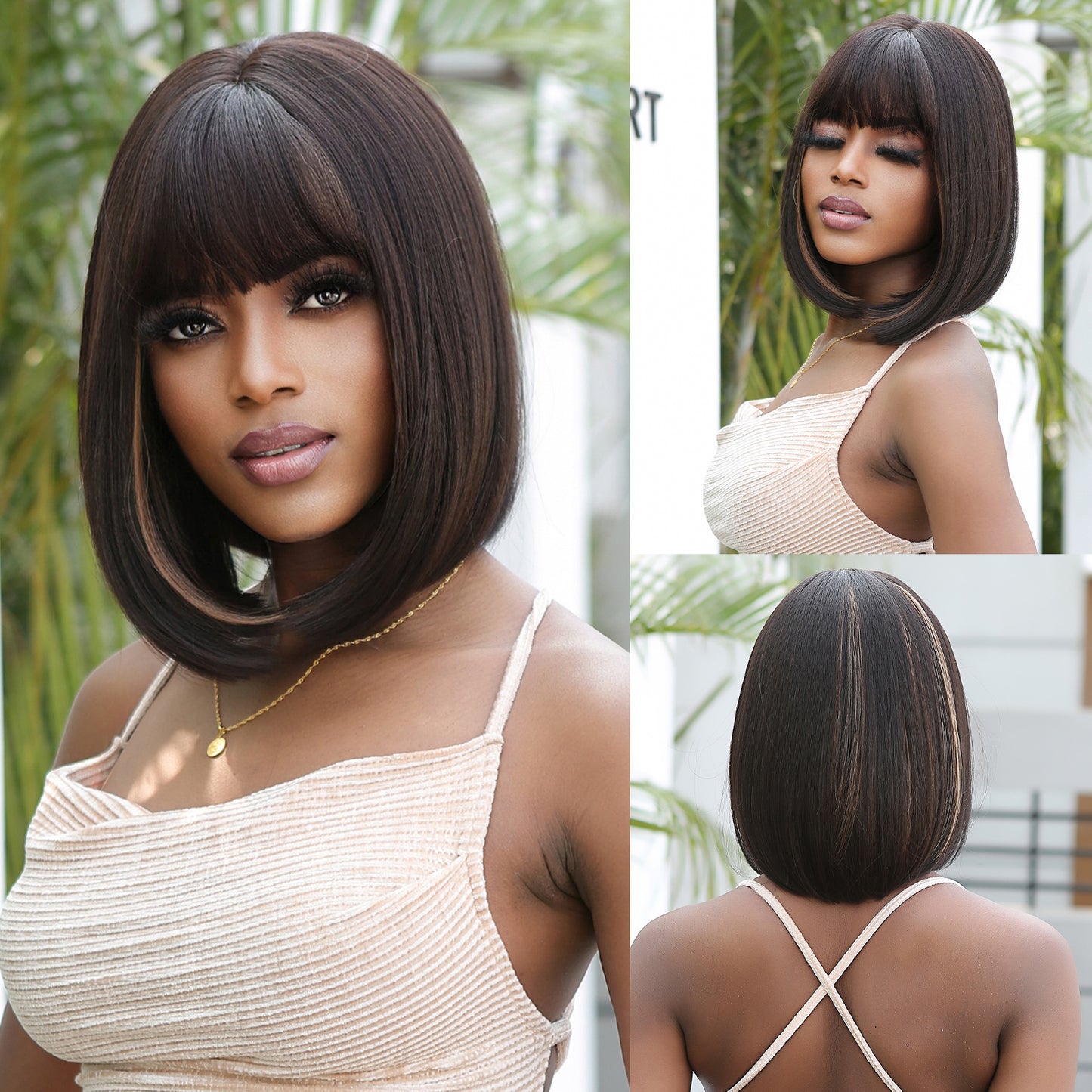 【Lavinia】Loxology | 14 Inches Short Straight Brown Black and Blonde Highlight Bobo Wigs with Bangs Synthetic Wigs Women's Wigs for Daily or Cosplay Use