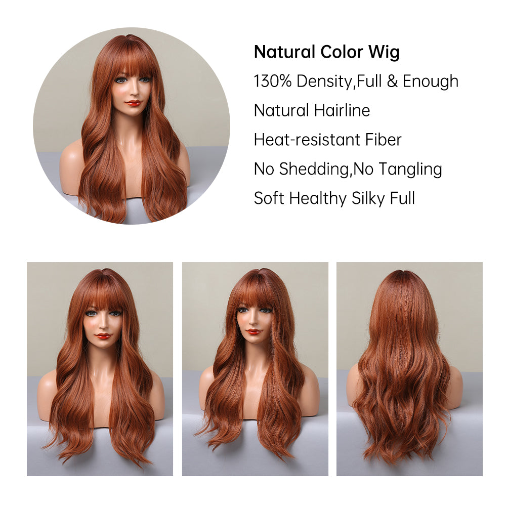 【Gwyneth】Loxology | 22 Inches Long Curly Brown Wigs with Bangs Synthetic Wigs Women's Wigs for Daily Use