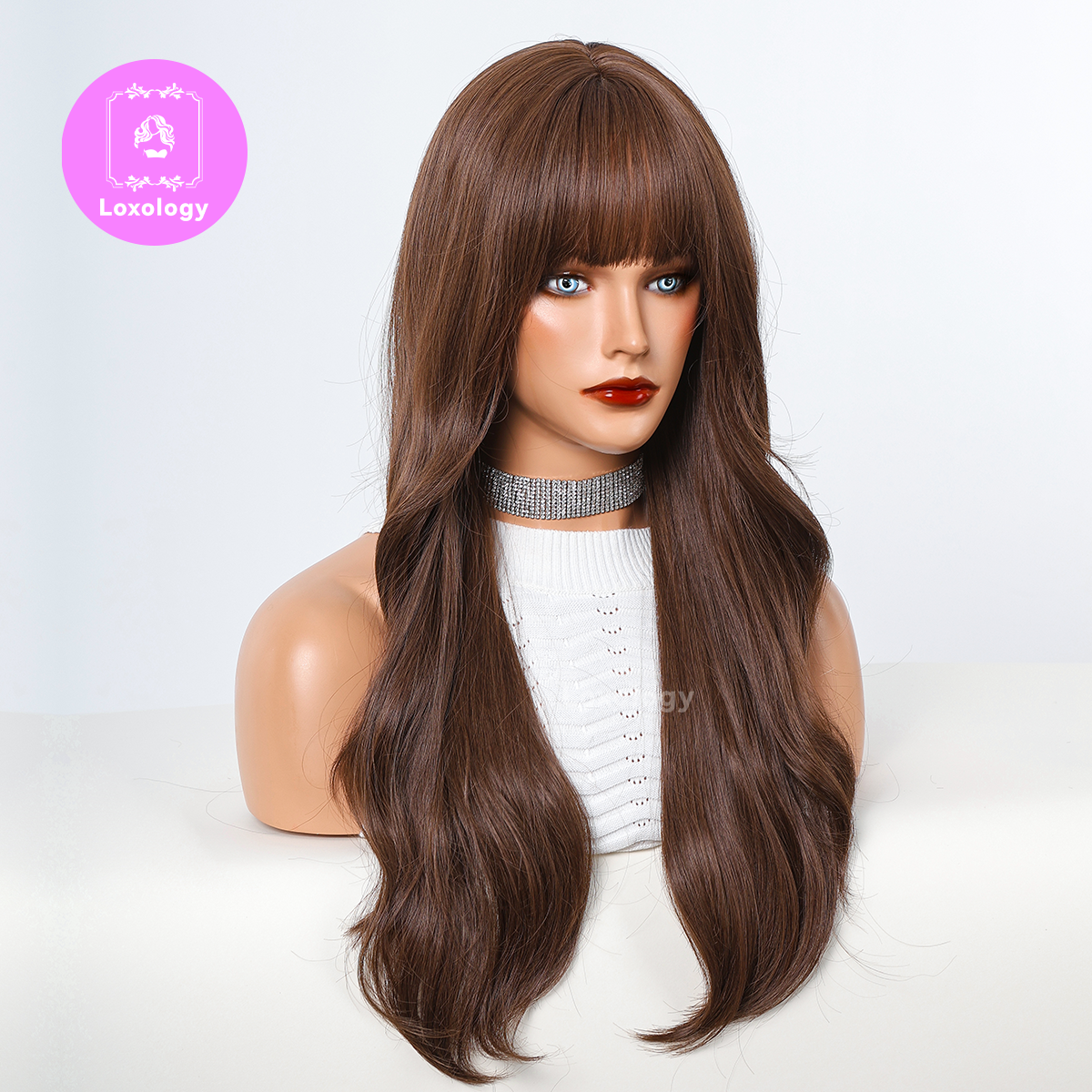 【Stella】Loxology | 24 Inch long curly wigs brown with bangs wigs