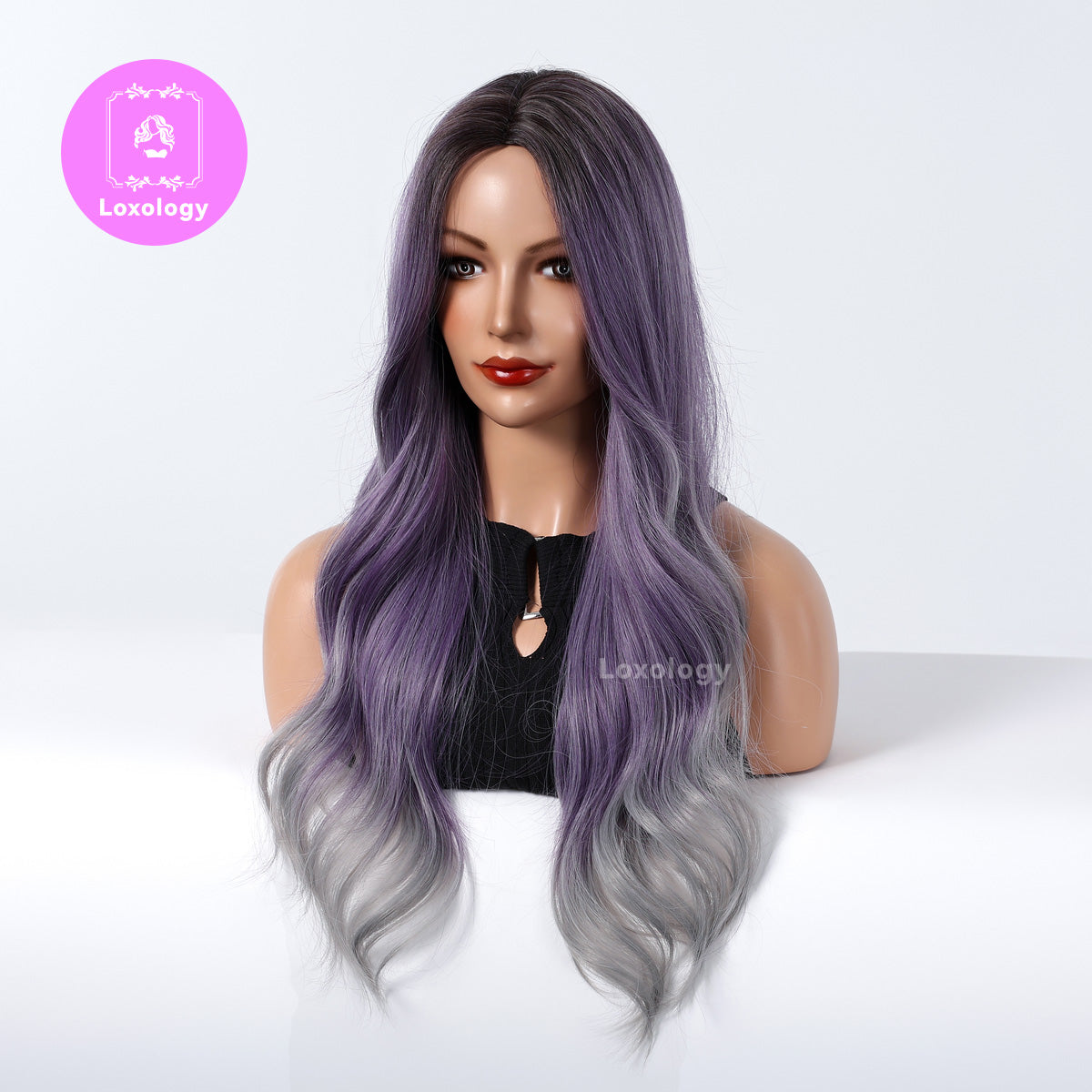 【Junia】Loxology | Long curly wigs purple ombre grey with middle bangs wigs for women