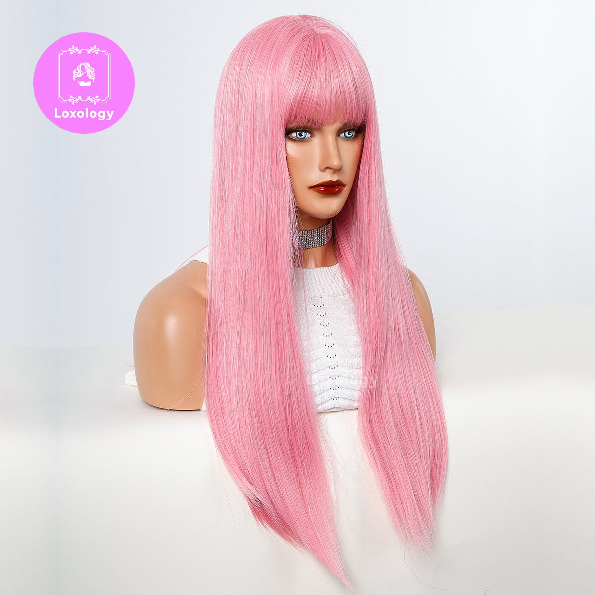 【Quiin】Loxology | 26 Inch long straight wigs pink with bangs wigs