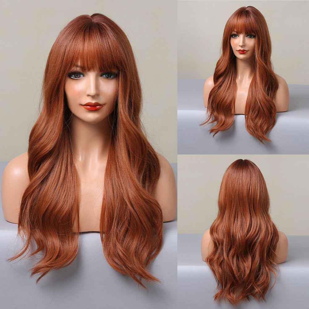 【Gwyneth】Loxology | 22 Inches Long Curly Brown Wigs with Bangs Synthetic Wigs Women's Wigs for Daily Use