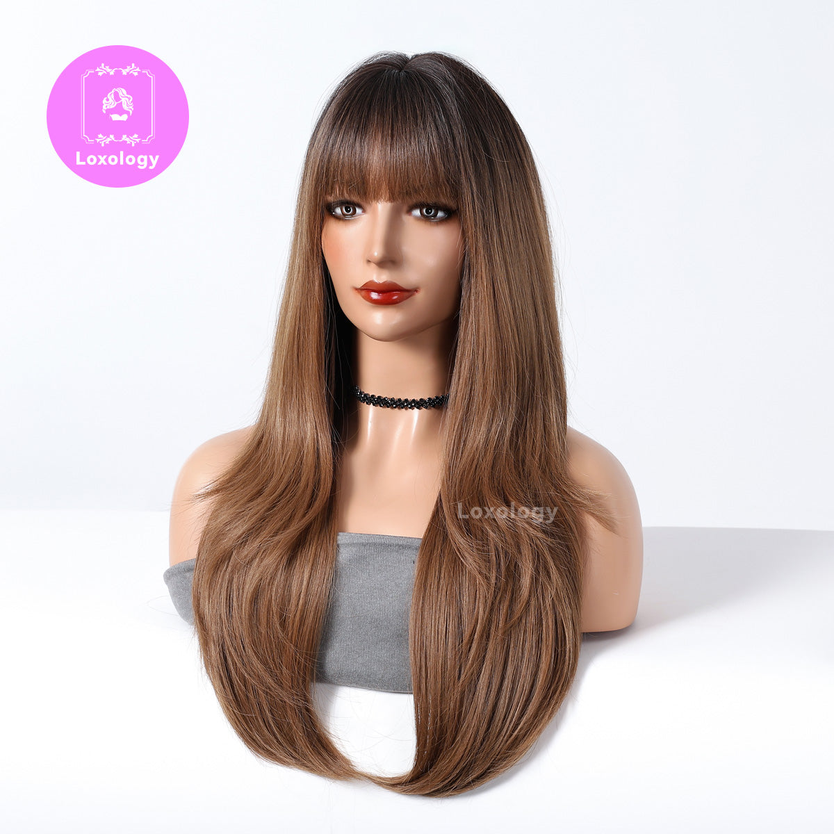 【Magnolia】Loxology | 26 Inch Long Curly Brown Wigs with Bangs Synthetic Wigs for Women