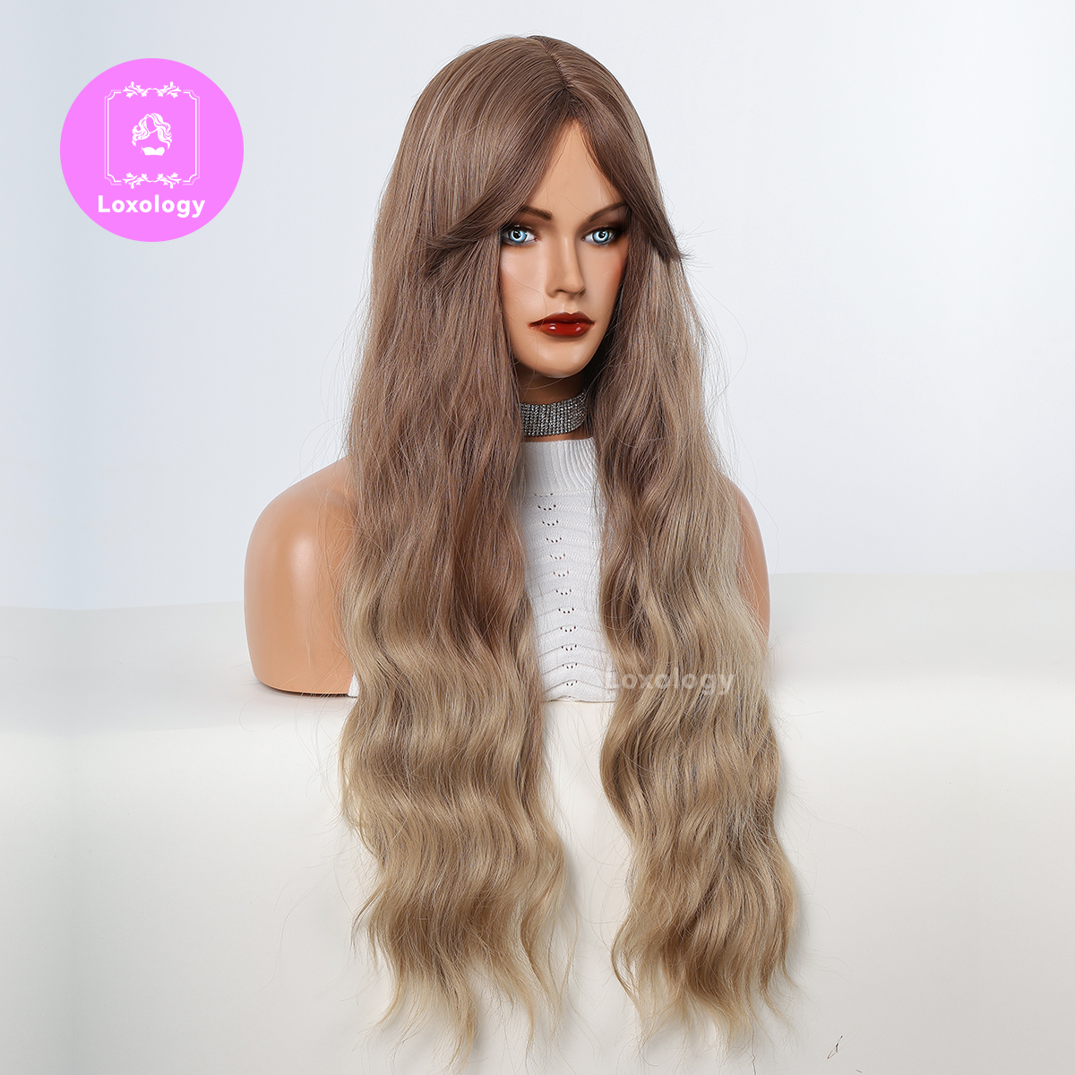 【Elizabeth】Loxology | 26 Inch long curly wigs blonde with bangs wigs