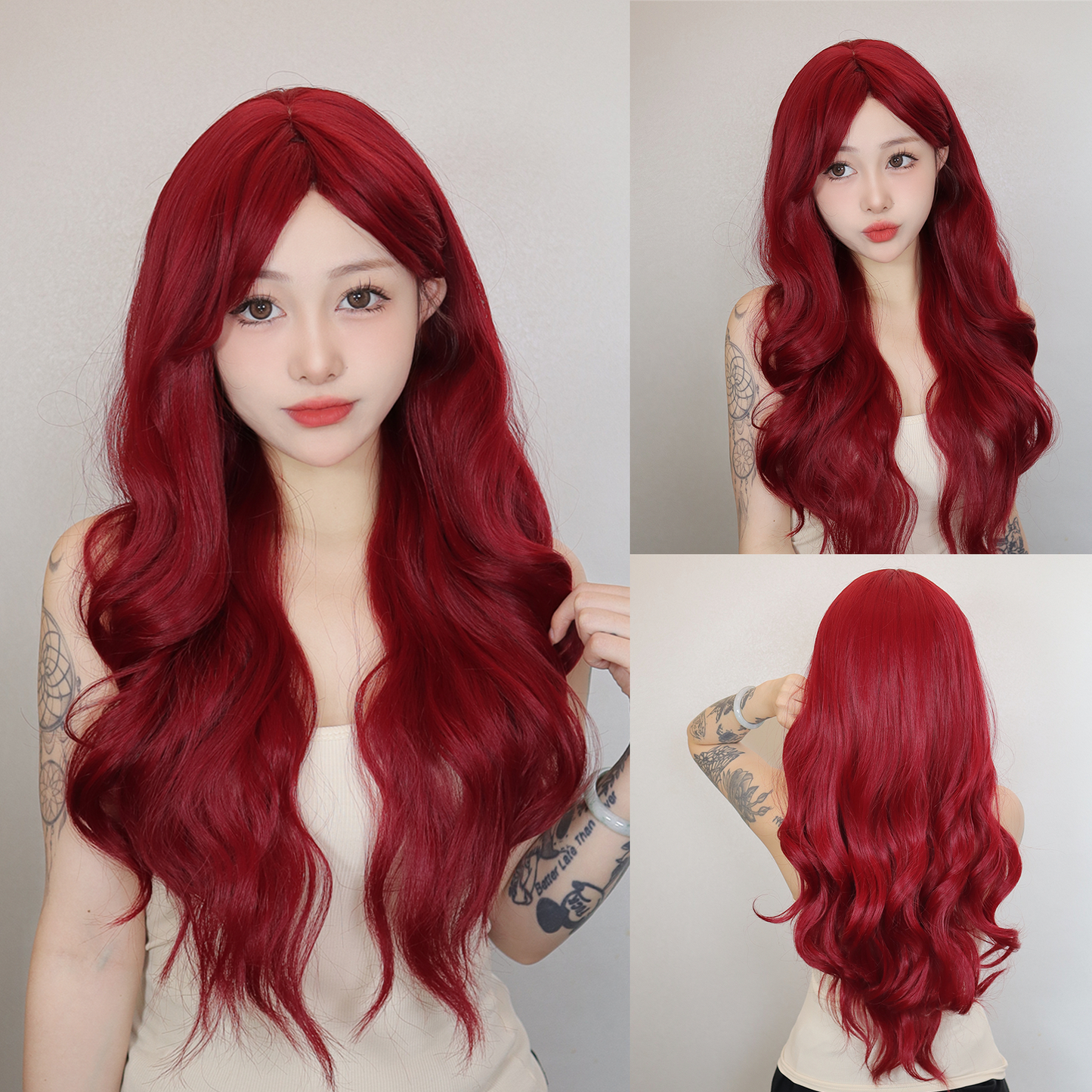 【TBianca】Loxology | 26 Inches Long Curly Wine Red Wigs with Bangs Synthetic Wigs