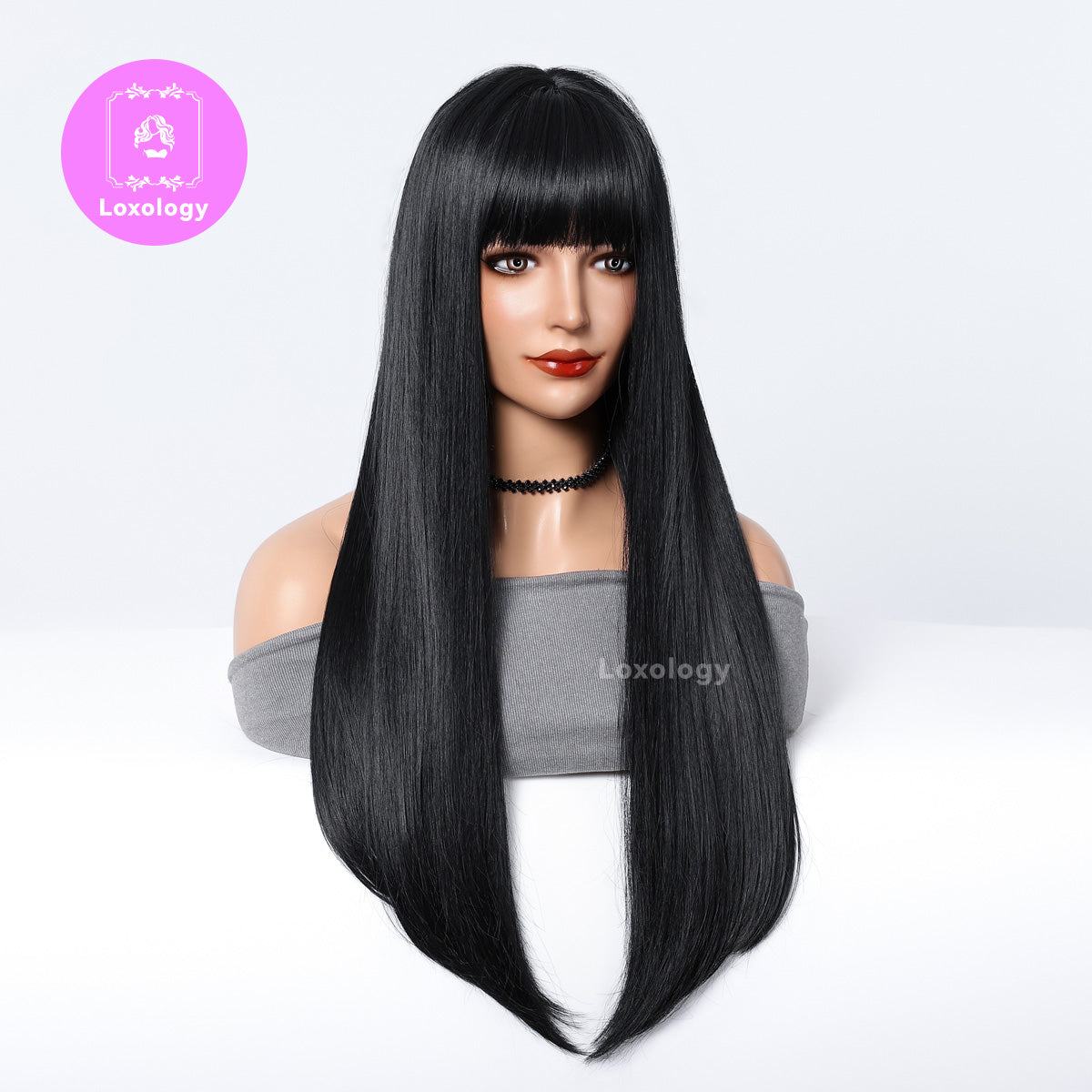 【Grace】Loxology | 26 inch long straight black wigs with bangs wigs