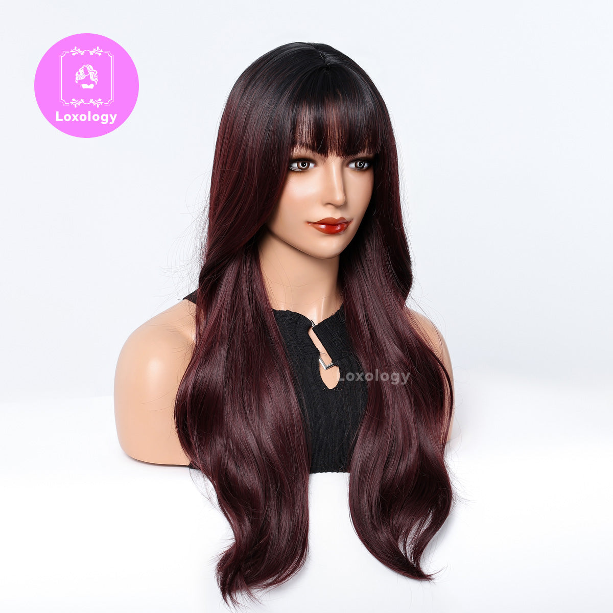 【Indira】Loxology | 26 Inches Long Curly Wine Red Wigs with Bangs Synthetic Wigs Womenn