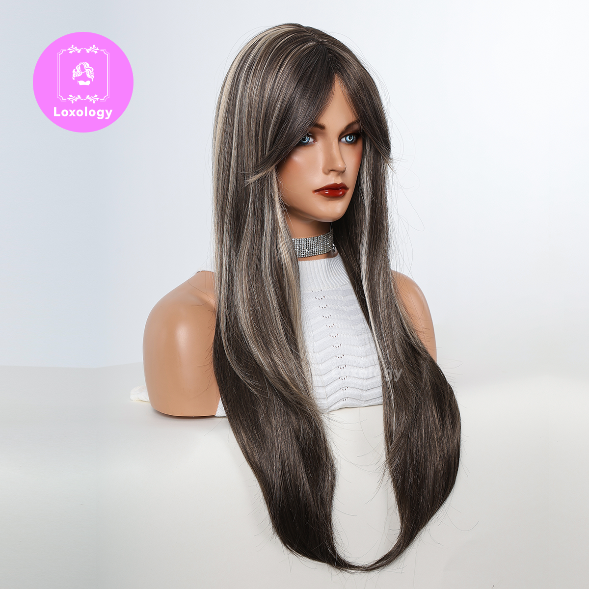 【Elena】Loxology | 24 Inches Long Straight Brown Wigs with Bangs Synthetic Wigs