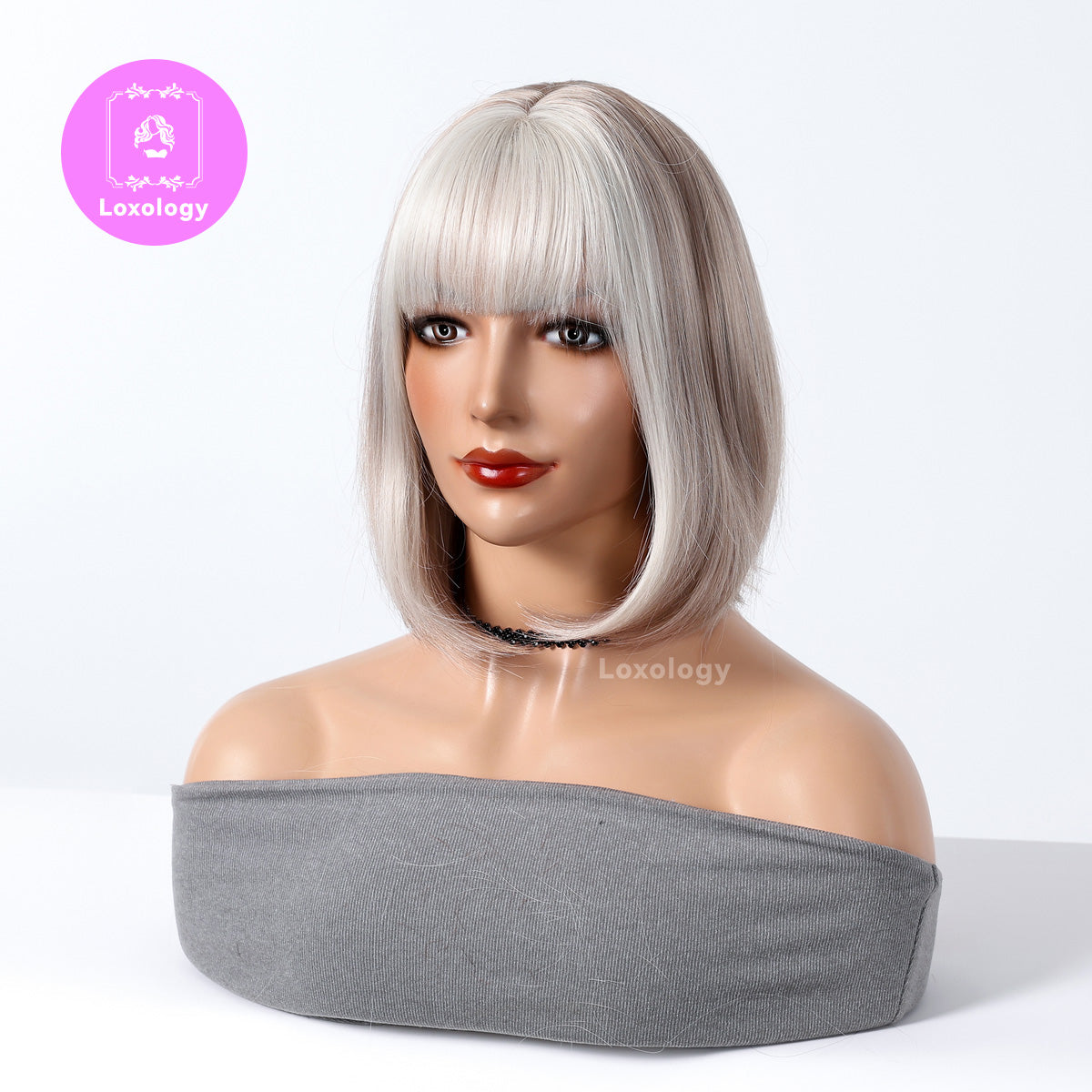 【TBlaire】Loxology | 12 Inch Long Straight Blonde Wigs with White Bangs Synthetic Wigs