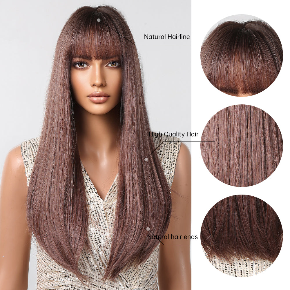 【Isabeau】Loxology | 28 Inch long straight wigs light brown wigs with bangs wigs