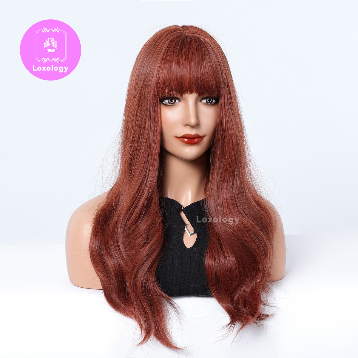 【Kenna】Loxology | 24 Inches Long Curly Wine Red Wigs with Bangs Synthetic Wigs