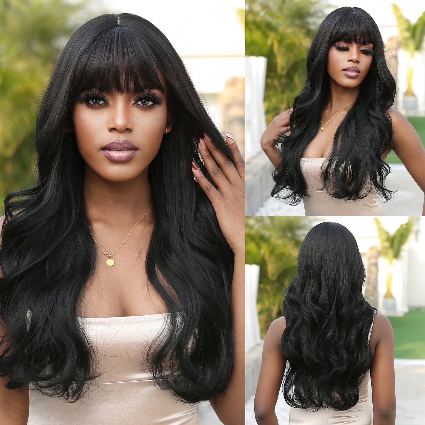 【Cordelia】Loxology | 26 Inches Long Curly Black Wigs with Bangs Synthetic Wigs Women's