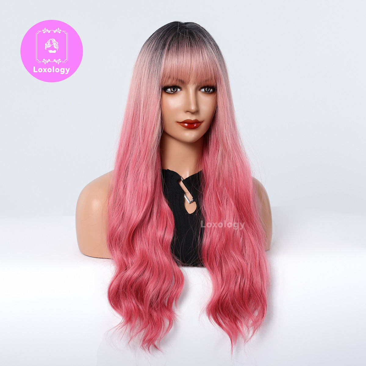 【Rowan】Loxology | 26 Inch Curly Pink Wigs with Bangs and Black Roots Synthetic Wigs