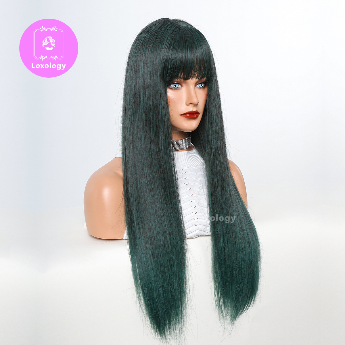 【Flora】Loxology | 28 inch long straight dark green synthetic wig women's wig with bangs