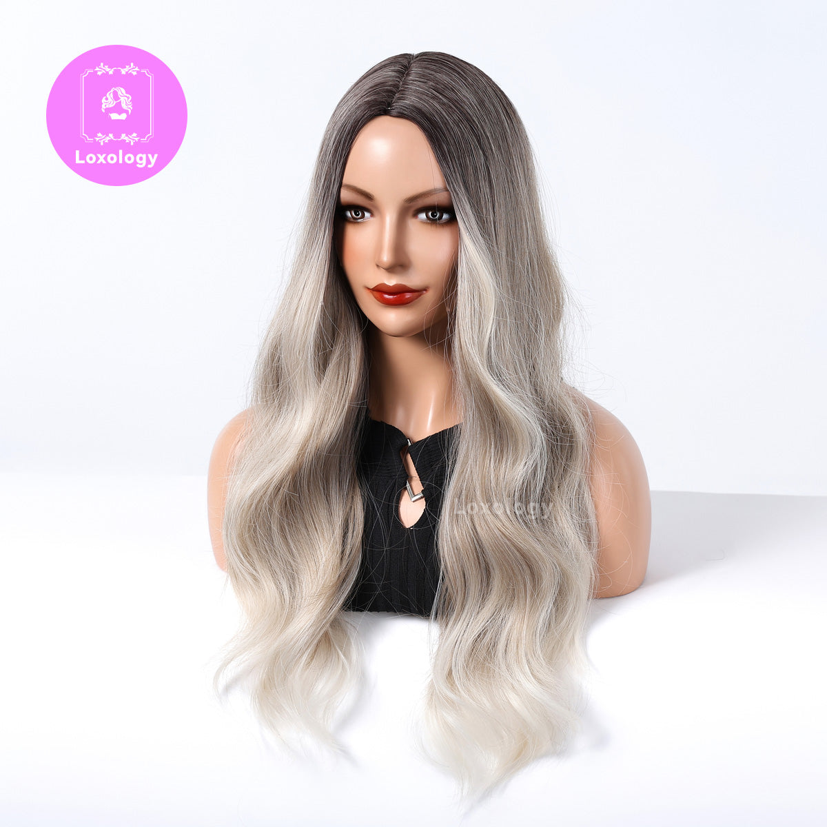 【Aurora】Loxology | 26 inch Long curly wigs champagne blonde wigs with middle bangs