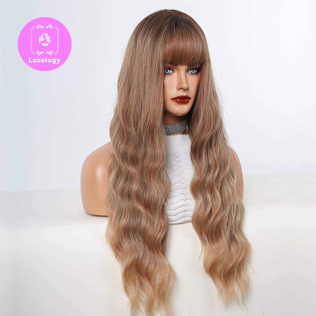 【Layla】Loxology | 30 Inch Long Curly Brown Ombre Blonde Wigs with Bangs Synthetic Wigs