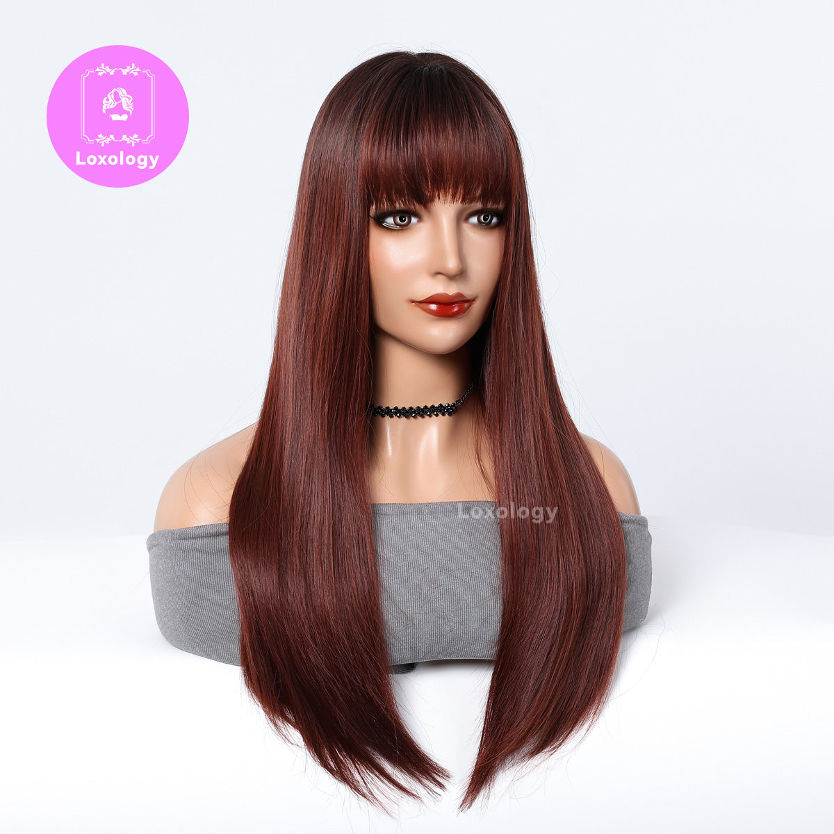 【Morwenna】Loxology | 28 inch Long straight wigs black ombre wine red Wigs with bangs wigs