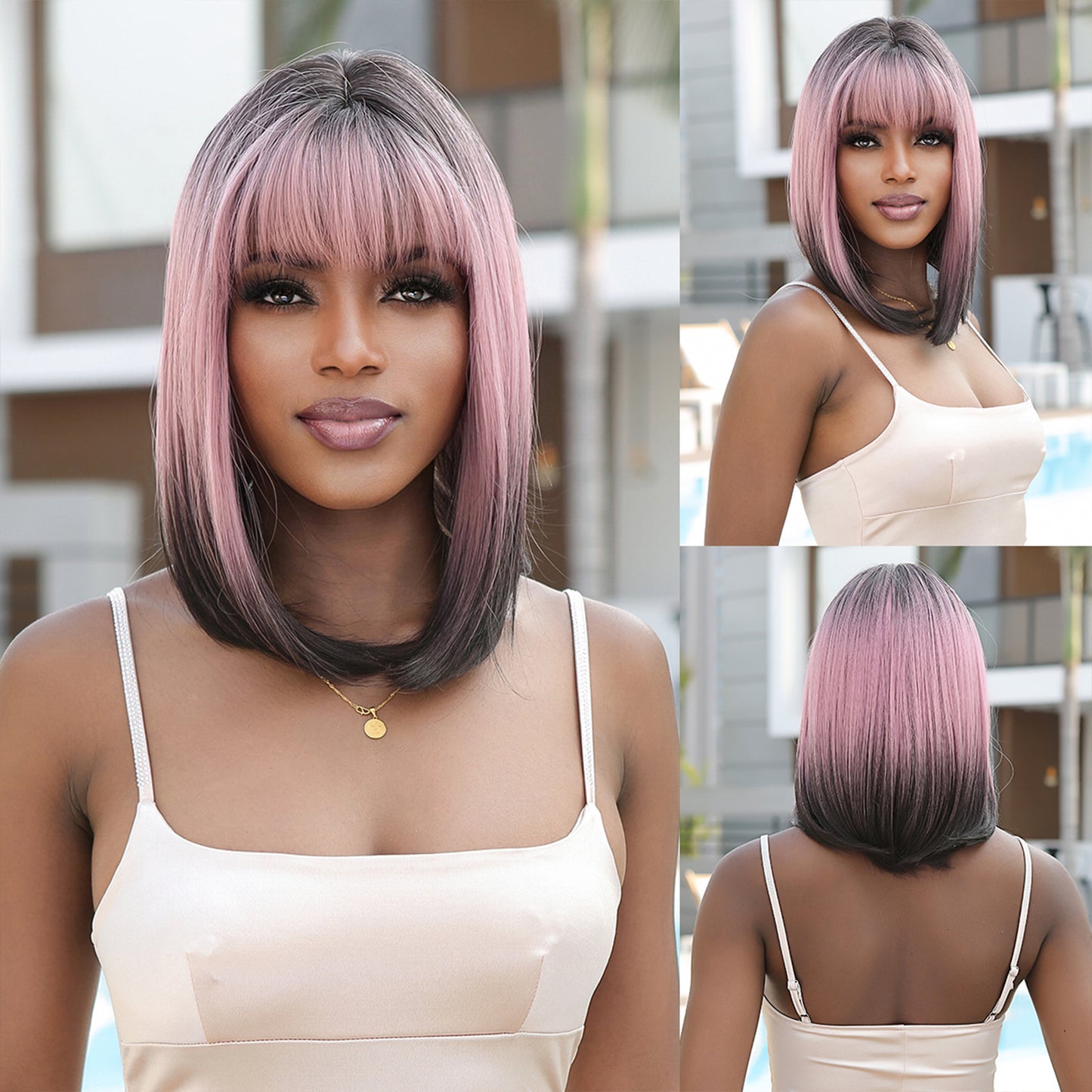 【Lysandra】Loxology |16 Inch Long Straight Pink Gradient Black with Bangs Synthetic Wig