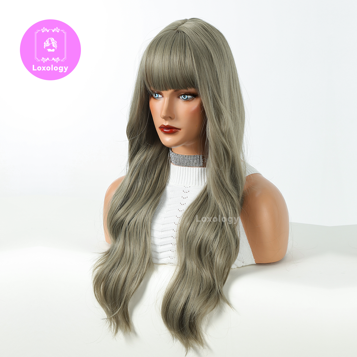 【Penelope】Loxology | Long Curly Green Wigs with Bangs Synthetic Wigs