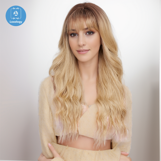 【Hope】Loxology | 26 Inches Long Curly Blonde Wigs with Bangs Synthetic Wigs Women's